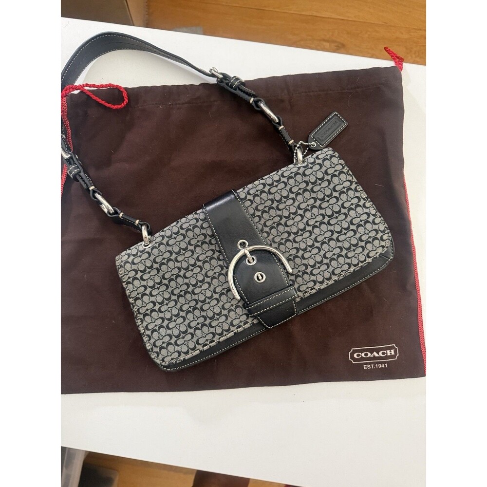 Coach Signature Jacquard Shoulder Bag Black Leather Buckle Purse With Dust Bag
